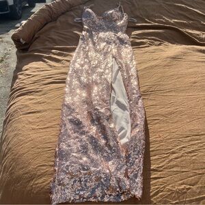 B. Smart Rose Gold Sequin Thigh High Slit Bodycon Prom Dress Size 9/10